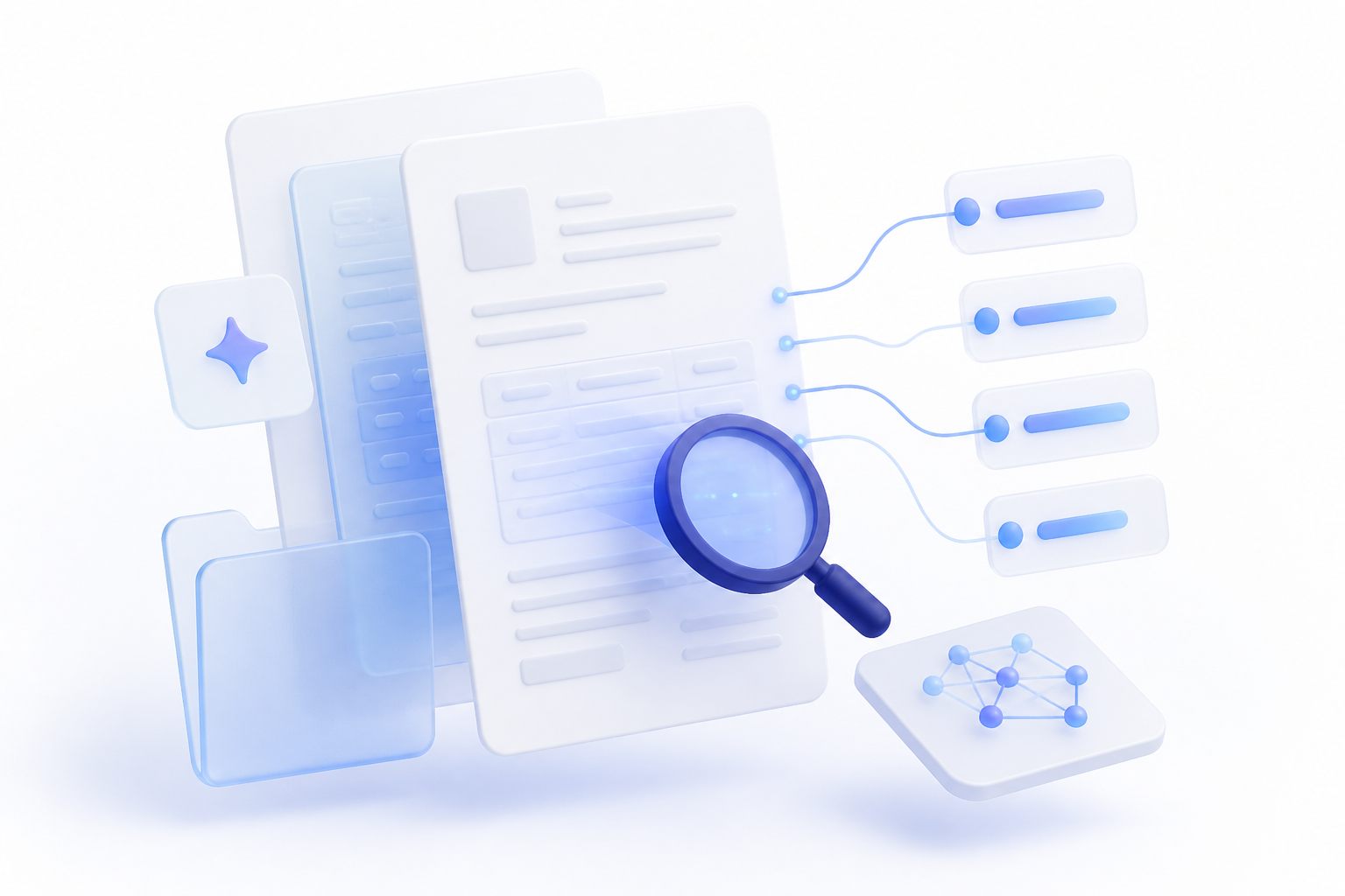 Illustration of documents being read and structured automatically by an AI model