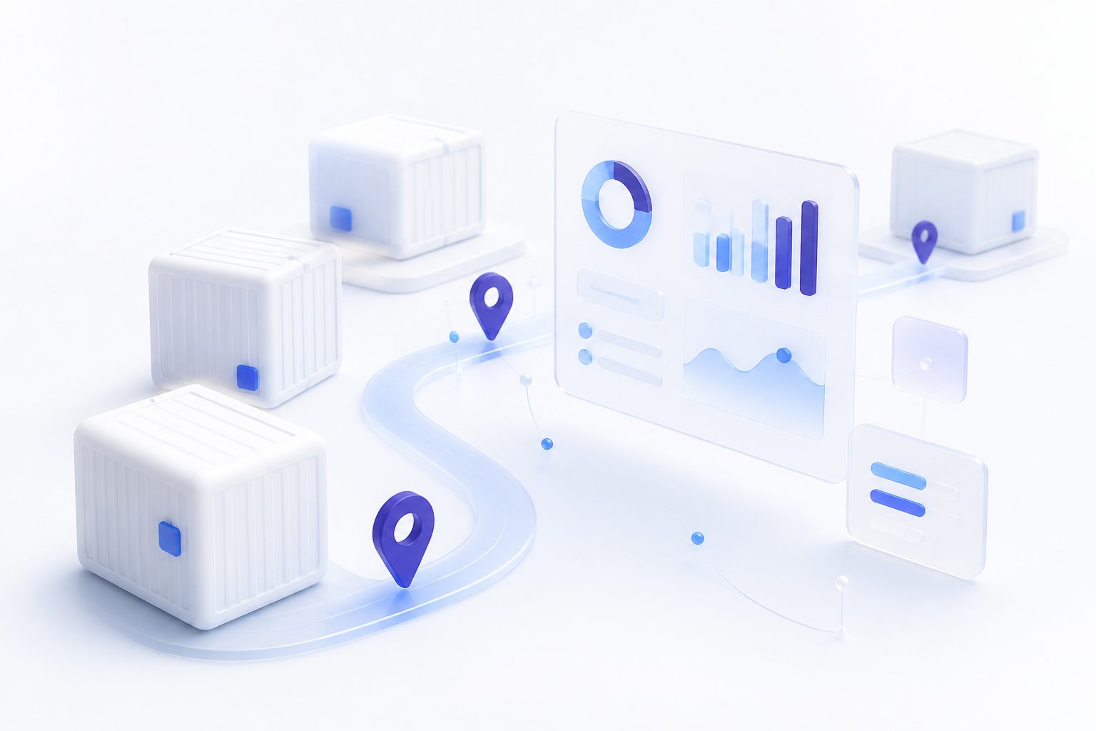 Illustration of freight shipments tracked on a route with a cloud analytics dashboard